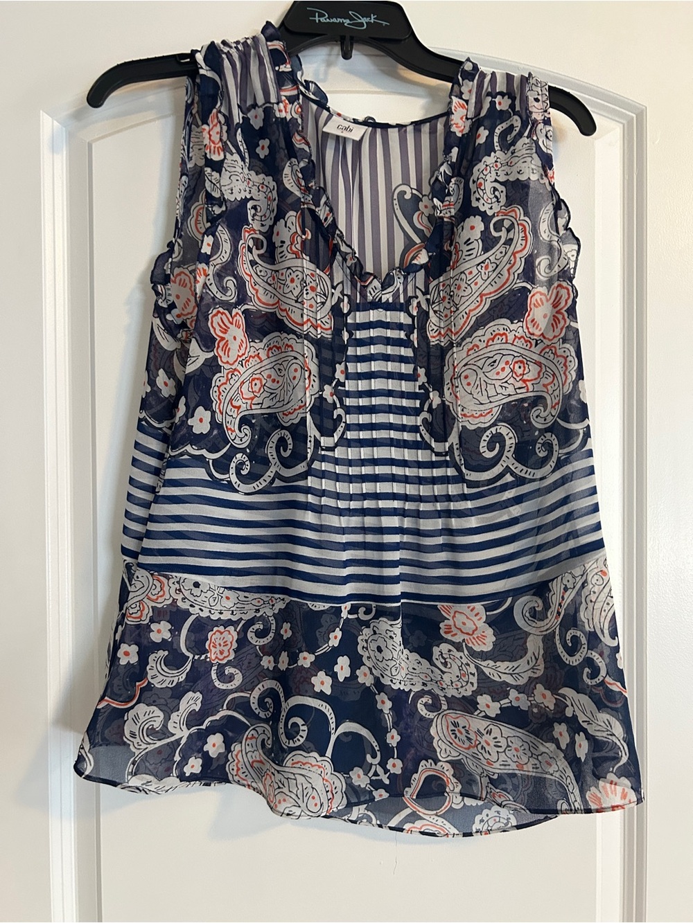 CAbi Navy, White & Coral Paisley-Stripe Sleeveless Camisole